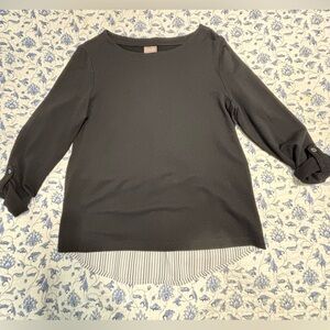 Chicos Black 3/4 Sleeve knit Blouse with Striped Back Hem.Chicos size 1 (Medium)